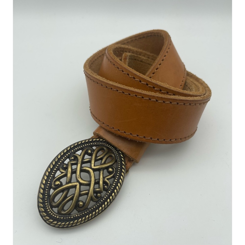 Leather Belt Brass Buckle Western Style Scroll Design Boho Tan